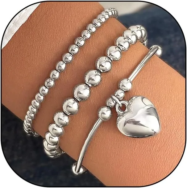 Layered Gold Heart Beaded Bracelets Set for Women Stackable Stretch Beads Bangles Adjustable Round Balls Bracelets Jewelry Accessories