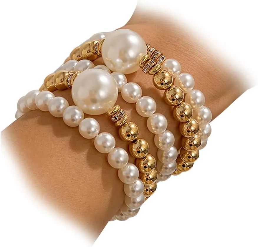 Layered Gold Round Beaded Bracelets Set for Women Stackable Stretch Pearls Bangles Silver Round Balls Bracelets Jewelry Accessories