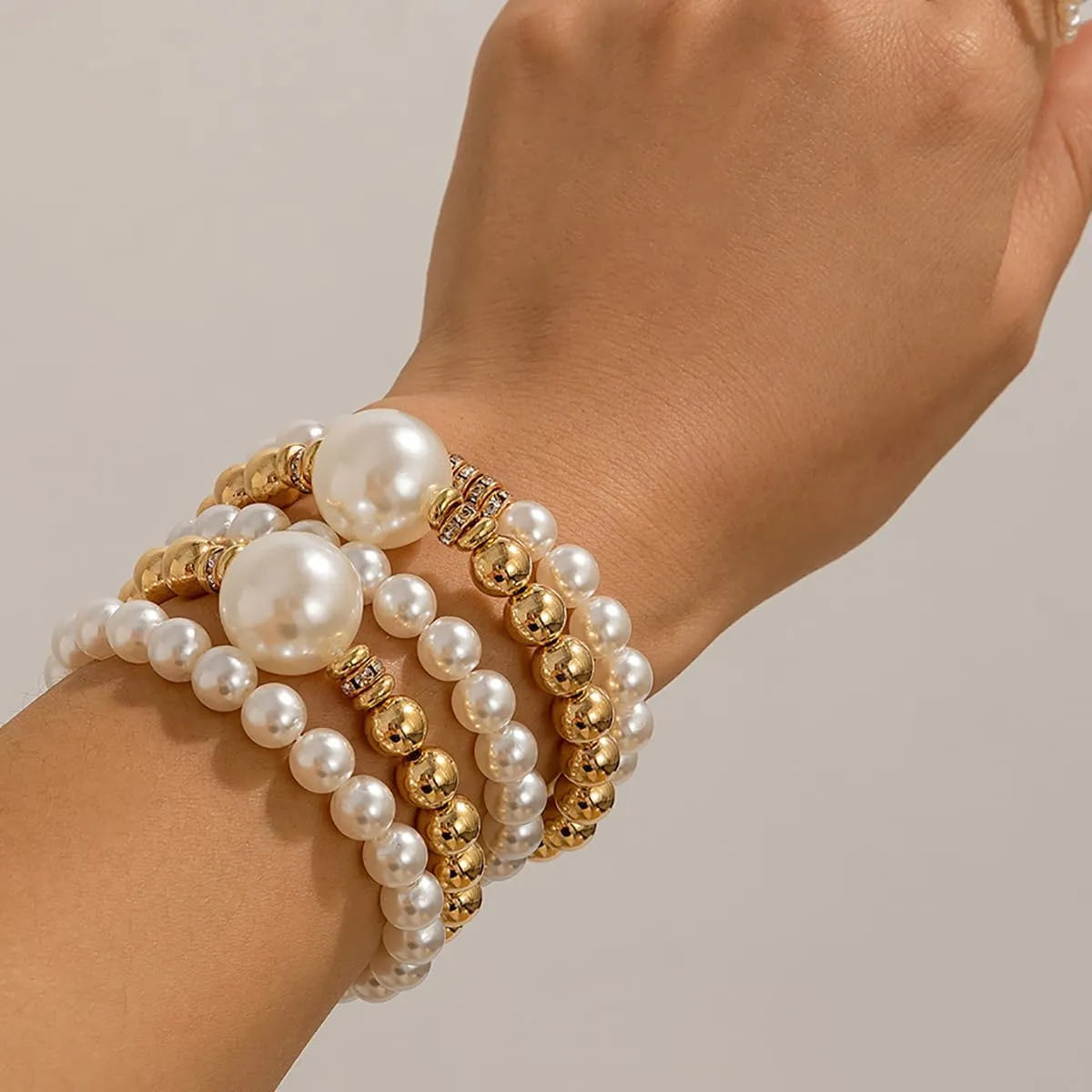 Layered Gold Round Beaded Bracelets Set for Women Stackable Stretch Pearls Bangles Silver Round Balls Bracelets Jewelry Accessories