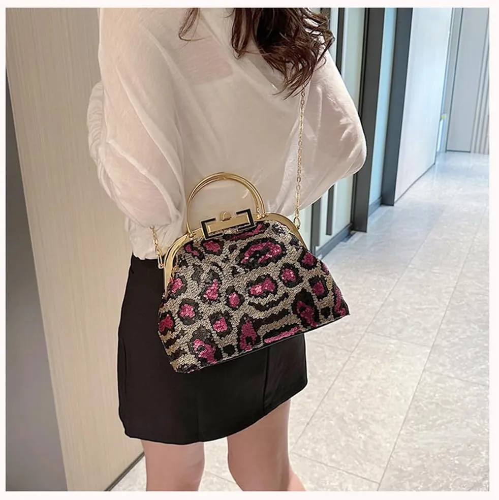 Leopard Print Kiss Lock Evening Clutch Purse Sequin Cheetah Print Crossbody Handbag with Chain Leopard Print Gifts