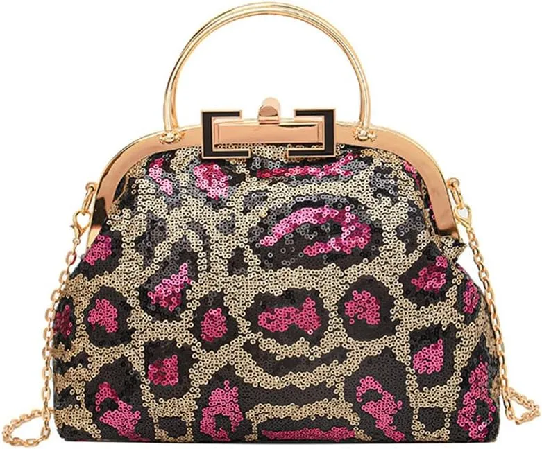 Leopard Print Kiss Lock Evening Clutch Purse Sequin Cheetah Print Crossbody Handbag with Chain Leopard Print Gifts
