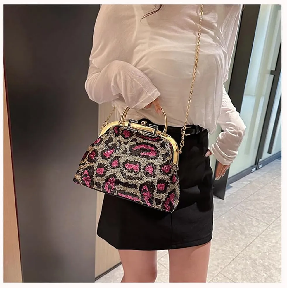 Leopard Print Kiss Lock Evening Clutch Purse Sequin Cheetah Print Crossbody Handbag with Chain Leopard Print Gifts