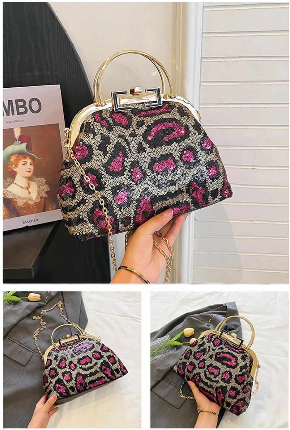 Leopard Print Kiss Lock Evening Clutch Purse Sequin Cheetah Print Crossbody Handbag with Chain Leopard Print Gifts