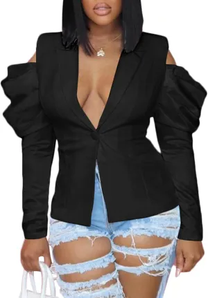 LKOUS Women's Fall Sexy Blazers,Puff Long Sleeve Lapel Open Front Work Office Suit Jacket