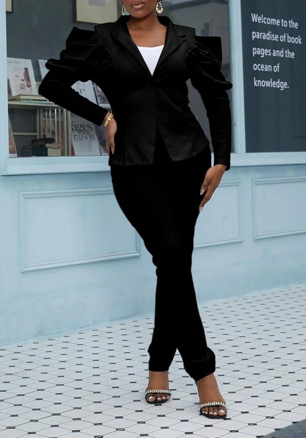 LKOUS Women's Fall Sexy Blazers,Puff Long Sleeve Lapel Open Front Work Office Suit Jacket