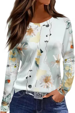 Long Sleeve Shirts for Women - Womens T Shirts Long Sleeve Crew Neck Shirts Basic Tee Sort Comfy Floral Printed Tops