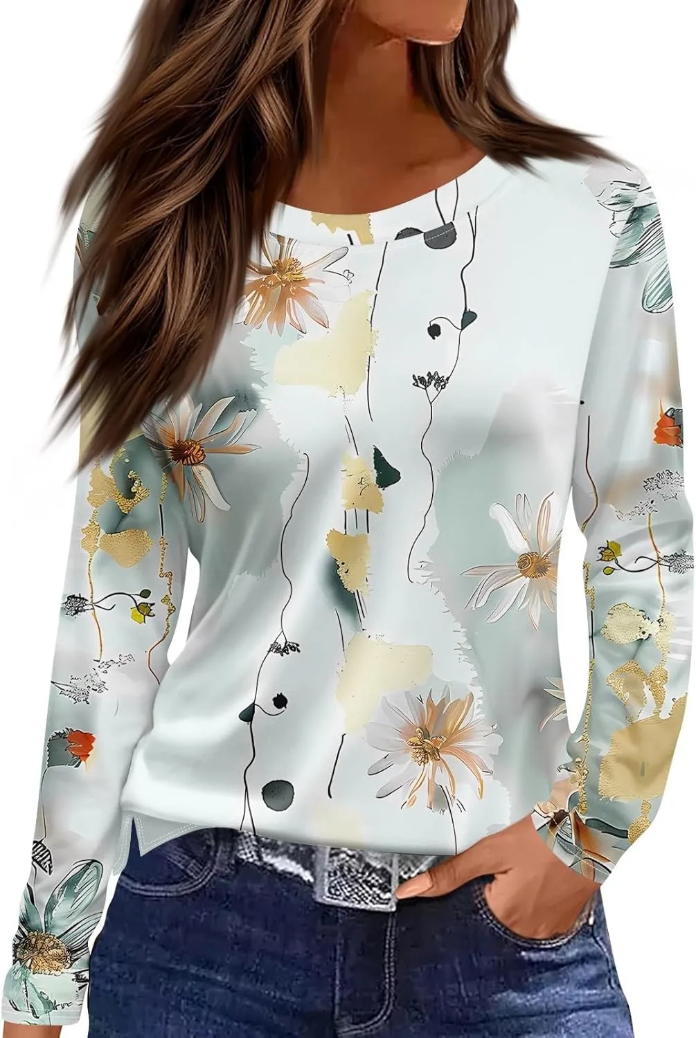 Long Sleeve Shirts for Women - Womens T Shirts Long Sleeve Crew Neck Shirts Basic Tee Sort Comfy Floral Printed Tops