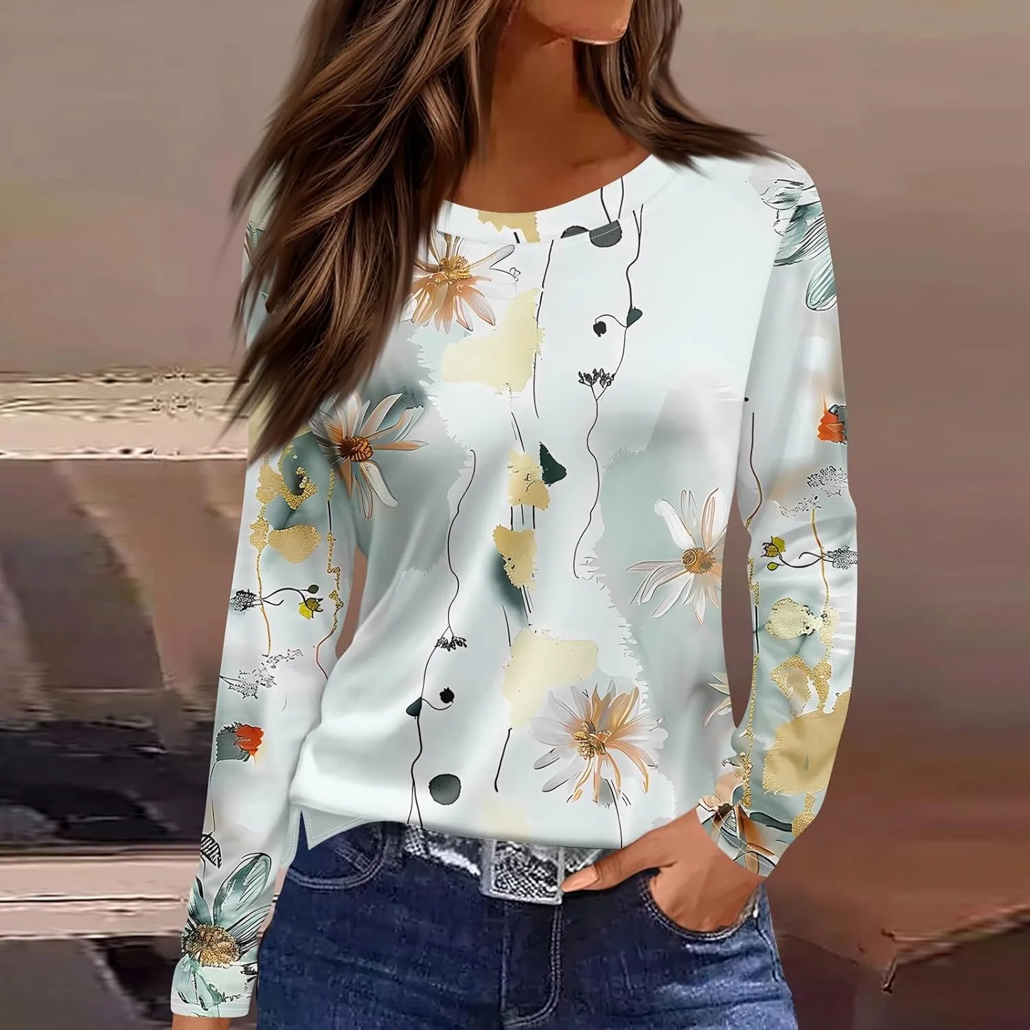 Long Sleeve Shirts for Women - Womens T Shirts Long Sleeve Crew Neck Shirts Basic Tee Sort Comfy Floral Printed Tops