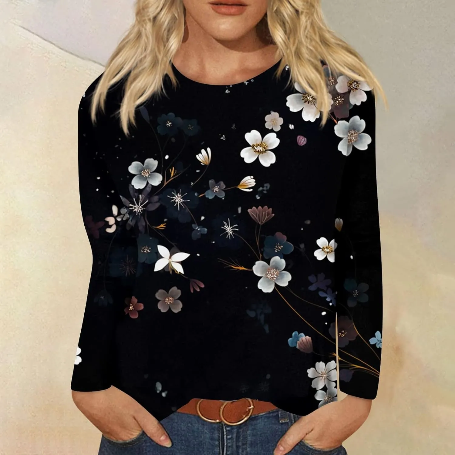 Long Sleeve Shirts for Women - Womens T Shirts Long Sleeve Crew Neck Shirts Basic Tee Sort Comfy Printed Tops Blouse