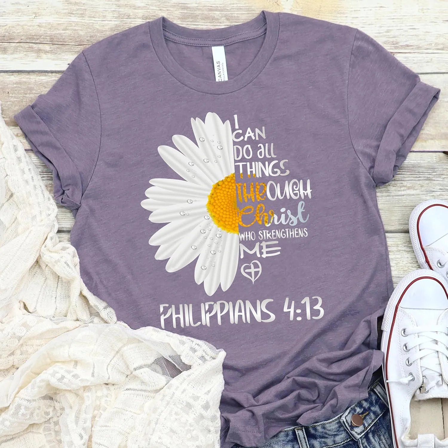 Love in Faith Christian Shirts for Women | I Can Do All Things Daisy | Faith Shirts for Women  Christian T Shirts