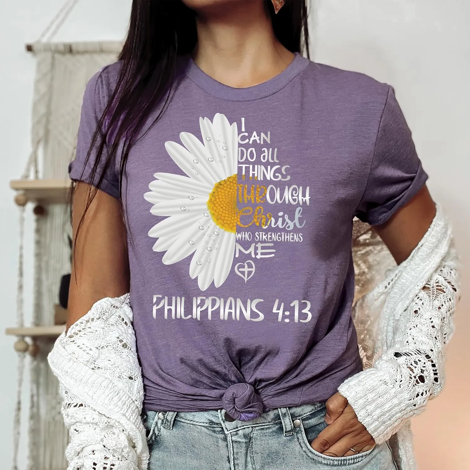 Love in Faith Christian Shirts for Women | I Can Do All Things Daisy | Faith Shirts for Women  Christian T Shirts
