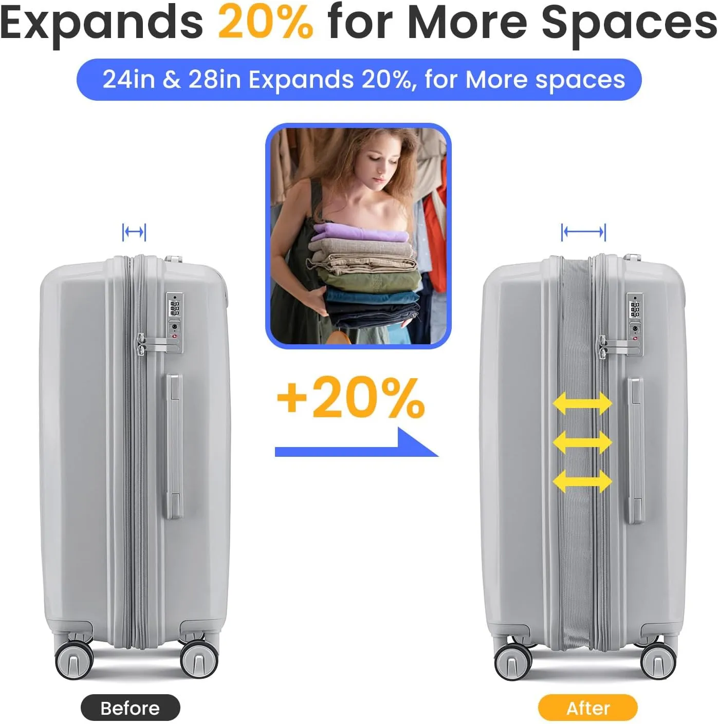 Luggage 4 Piece Sets(14/20/24/28), Hard Shell Lightweight TSA Lock Carry on Expandable Suitcase with Spinner Wheels Travel Set for Men Women Silver