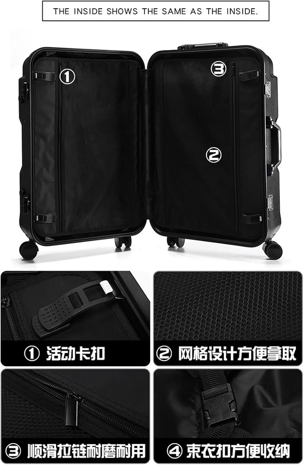 Luggage Travel Suitcase with Spinner Wheels,Silent Suitcase Boarding Suitcase Various Sizes Suitcases/Backpack- Black Aluminum Frame||20