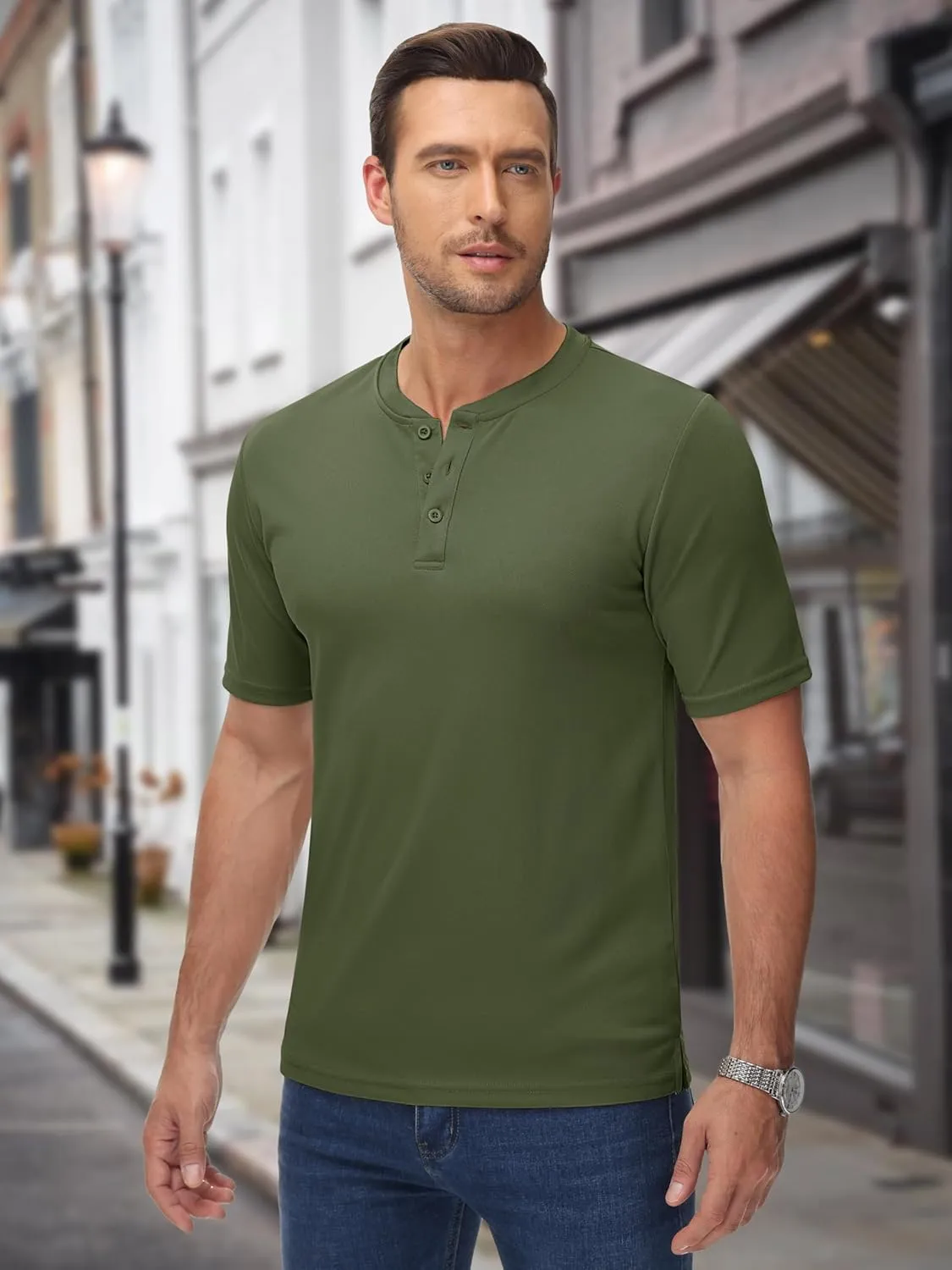 MAGCOMSEN Men's Henley Shirts Short Sleeve Casual Collarless Shirt Quick Dry Summer T-Shirts Golf Workout Tops