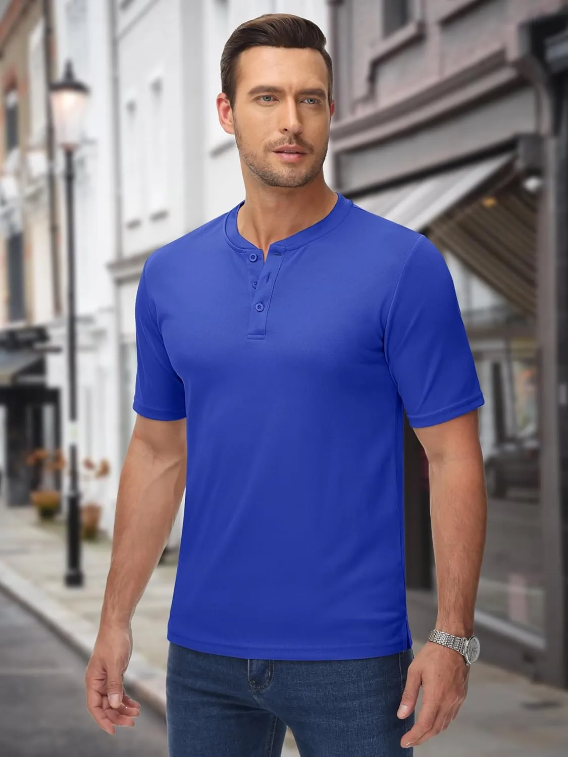 MAGCOMSEN Men's Henley Shirts Short Sleeve Casual Collarless Shirt Quick Dry Summer T-Shirts Golf Workout Tops