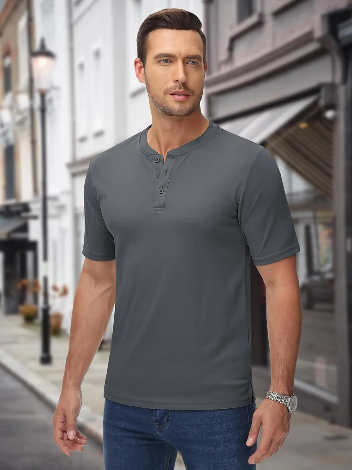 MAGCOMSEN Men's Henley Shirts Short Sleeve Casual Collarless Shirt Quick Dry Summer T-Shirts Golf Workout Tops
