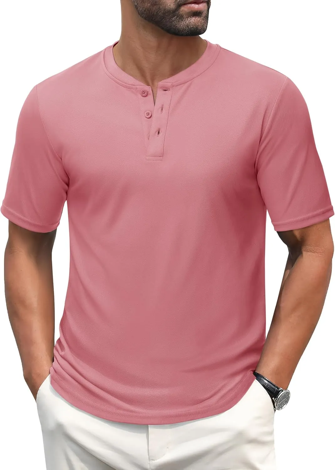 MAGCOMSEN Men's Henley Shirts Short Sleeve Casual Collarless Shirt Quick Dry Summer T-Shirts Golf Workout Tops