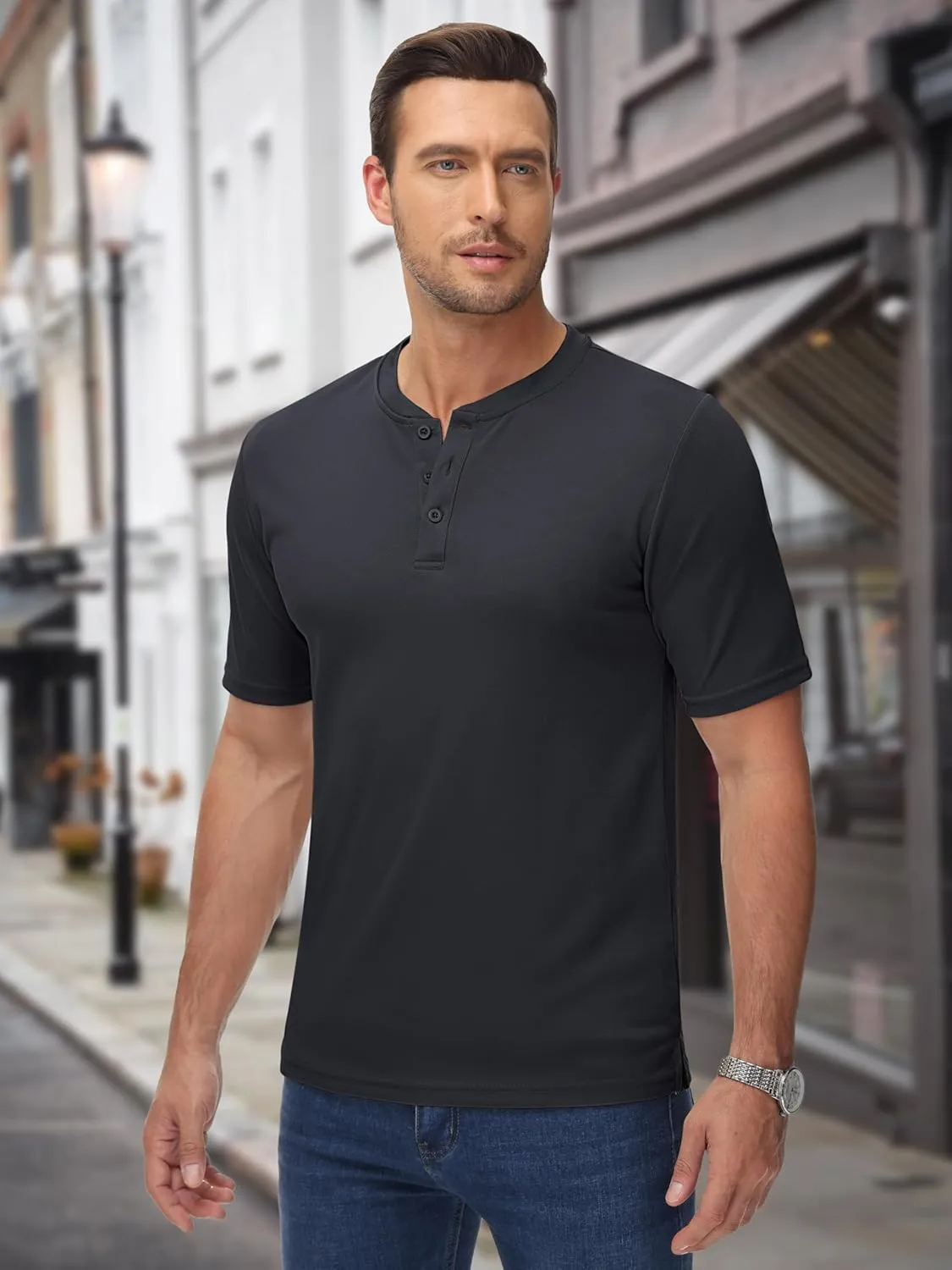MAGCOMSEN Men's Henley Shirts Short Sleeve Casual Collarless Shirt Quick Dry Summer T-Shirts Golf Workout Tops
