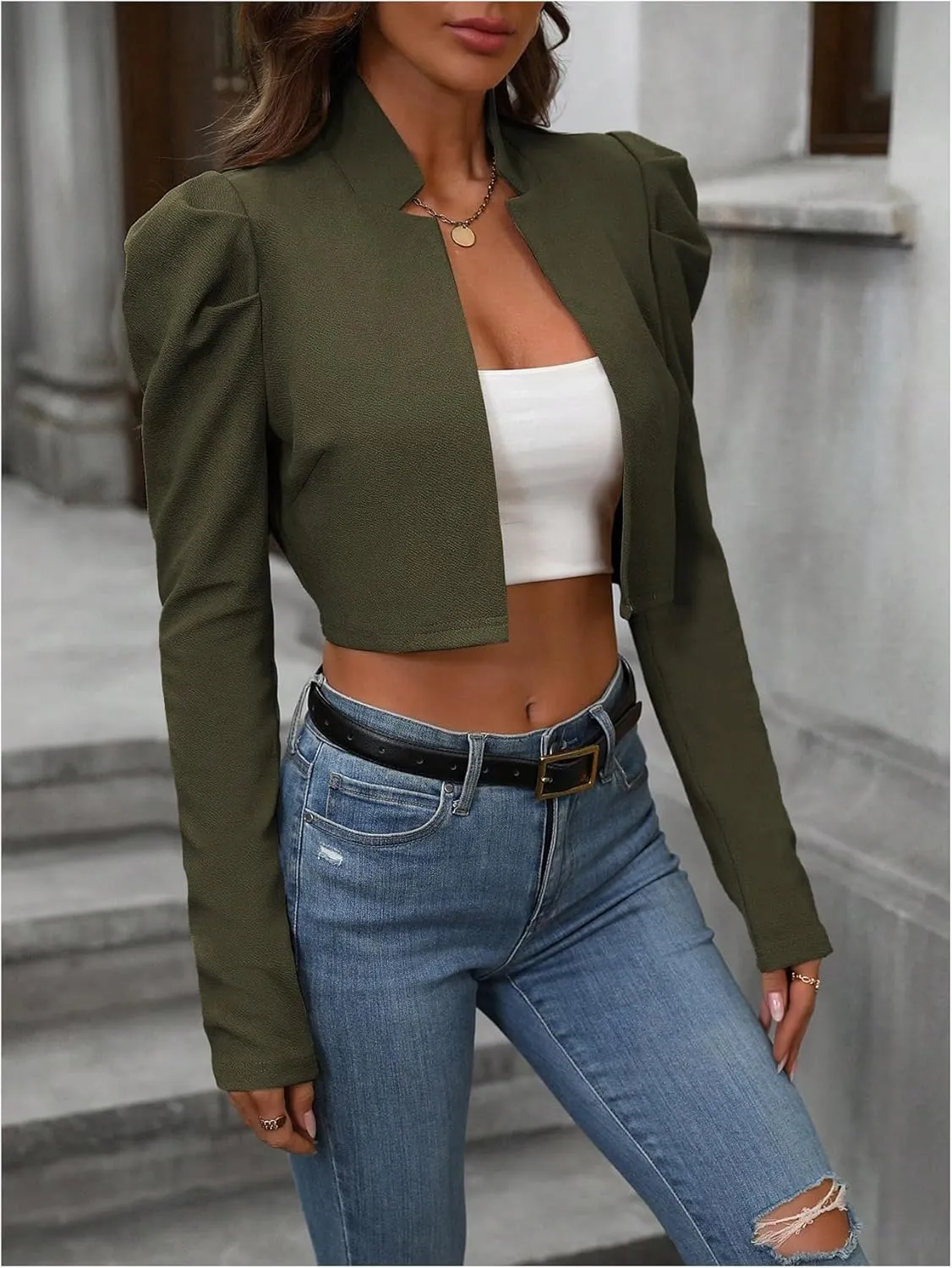 MakeMeChic Women's Business Casual Blazers Long Puff Sleeve Open Front Work Office Cropped Blazer Suit Jacket