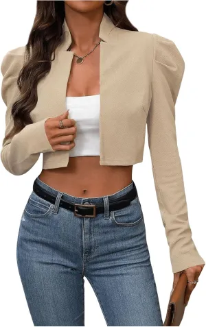 MakeMeChic Women's Business Casual Blazers Long Puff Sleeve Open Front Work Office Cropped Blazer Suit Jacket