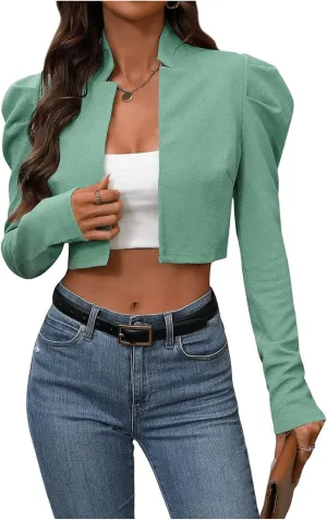 MakeMeChic Women's Business Casual Blazers Long Puff Sleeve Open Front Work Office Cropped Blazer Suit Jacket