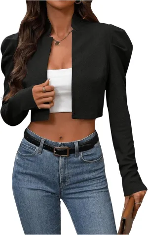 MakeMeChic Women's Business Casual Blazers Long Puff Sleeve Open Front Work Office Cropped Blazer Suit Jacket