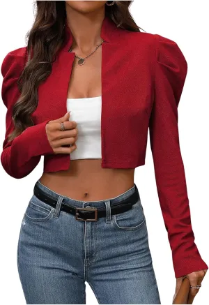 MakeMeChic Women's Business Casual Blazers Long Puff Sleeve Open Front Work Office Cropped Blazer Suit Jacket