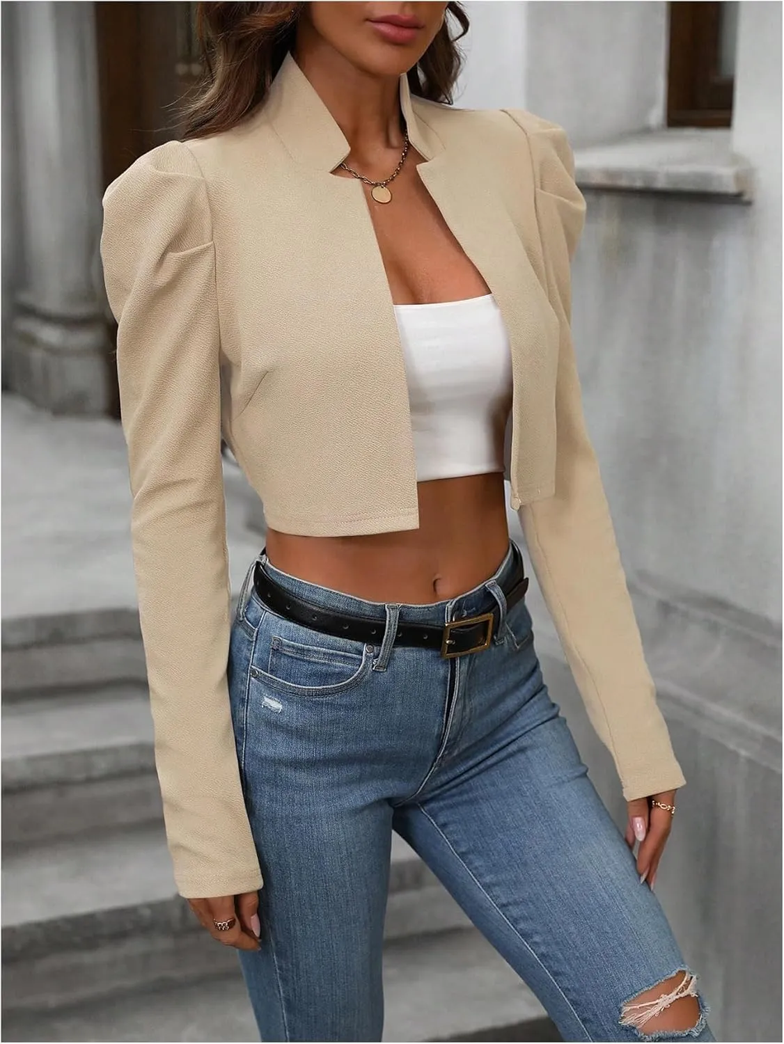 MakeMeChic Women's Business Casual Blazers Long Puff Sleeve Open Front Work Office Cropped Blazer Suit Jacket