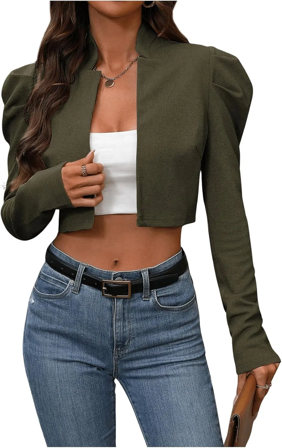 MakeMeChic Women's Business Casual Blazers Long Puff Sleeve Open Front Work Office Cropped Blazer Suit Jacket