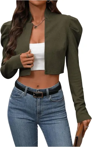 MakeMeChic Women's Business Casual Blazers Long Puff Sleeve Open Front Work Office Cropped Blazer Suit Jacket