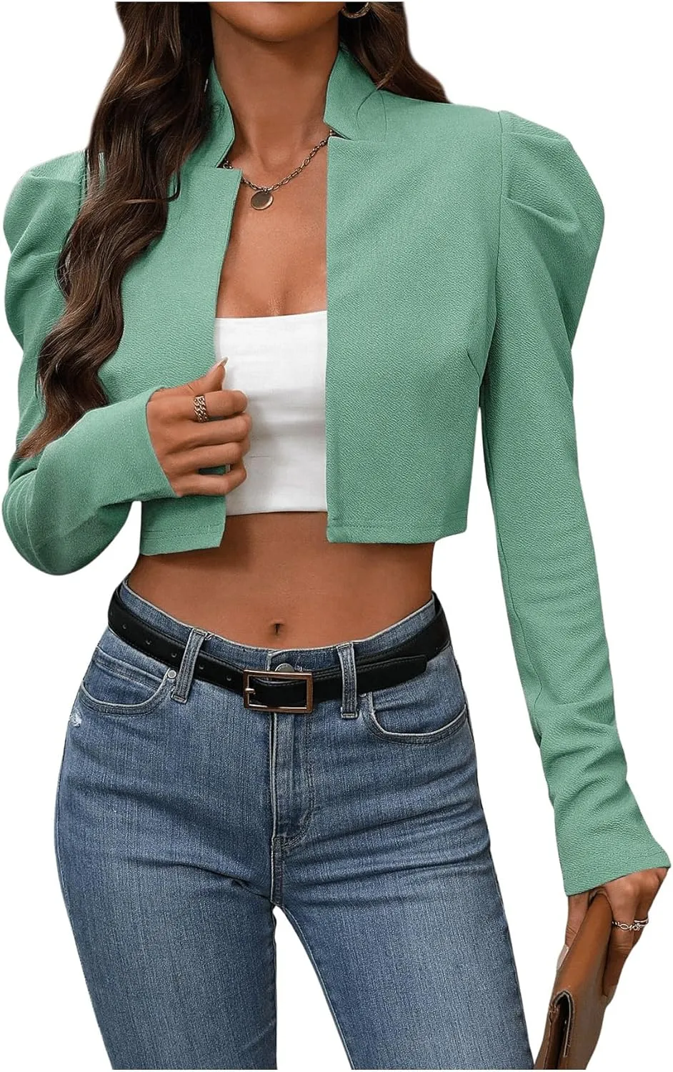 MakeMeChic Women's Business Casual Blazers Long Puff Sleeve Open Front Work Office Cropped Blazer Suit Jacket
