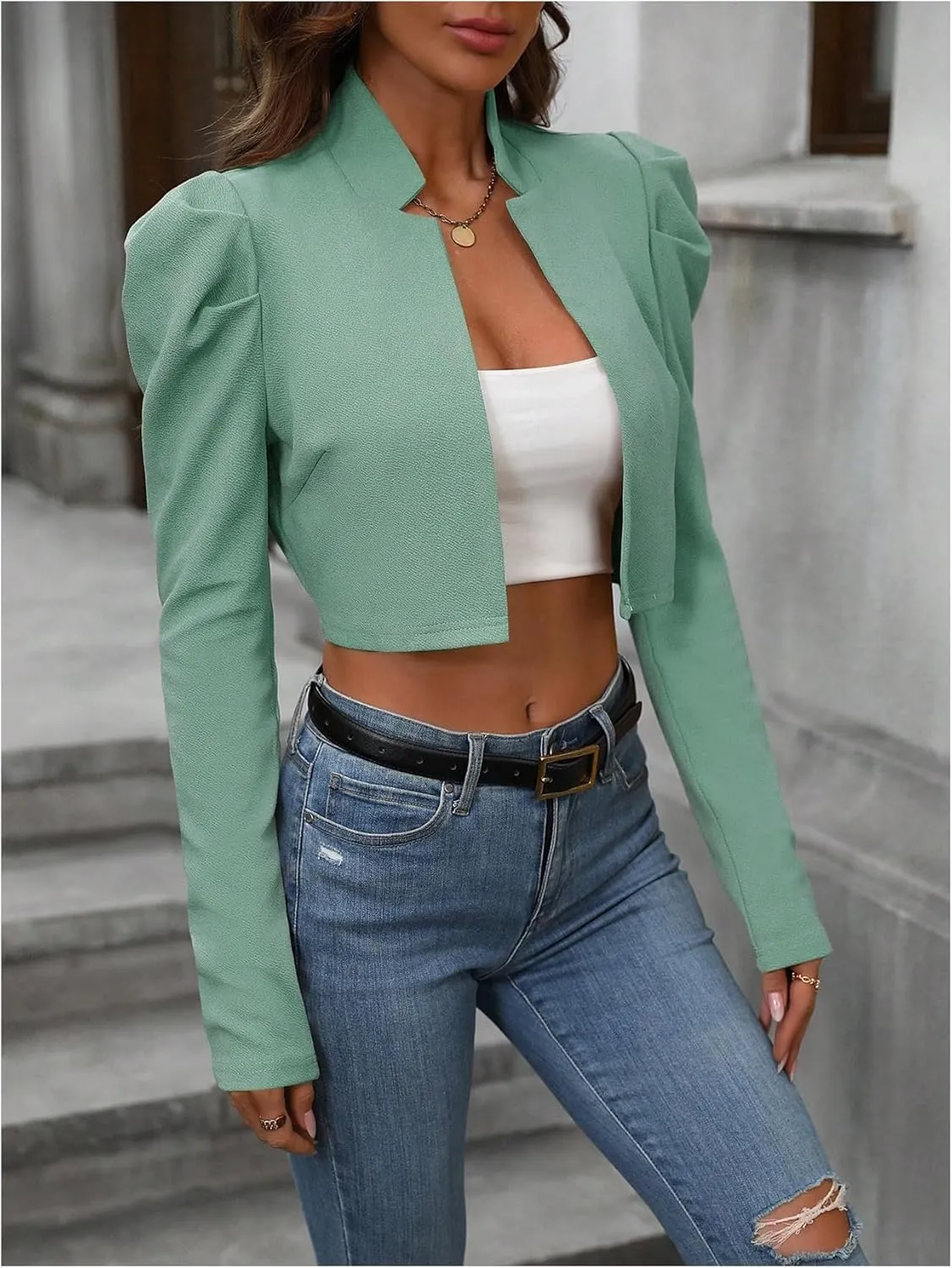 MakeMeChic Women's Business Casual Blazers Long Puff Sleeve Open Front Work Office Cropped Blazer Suit Jacket