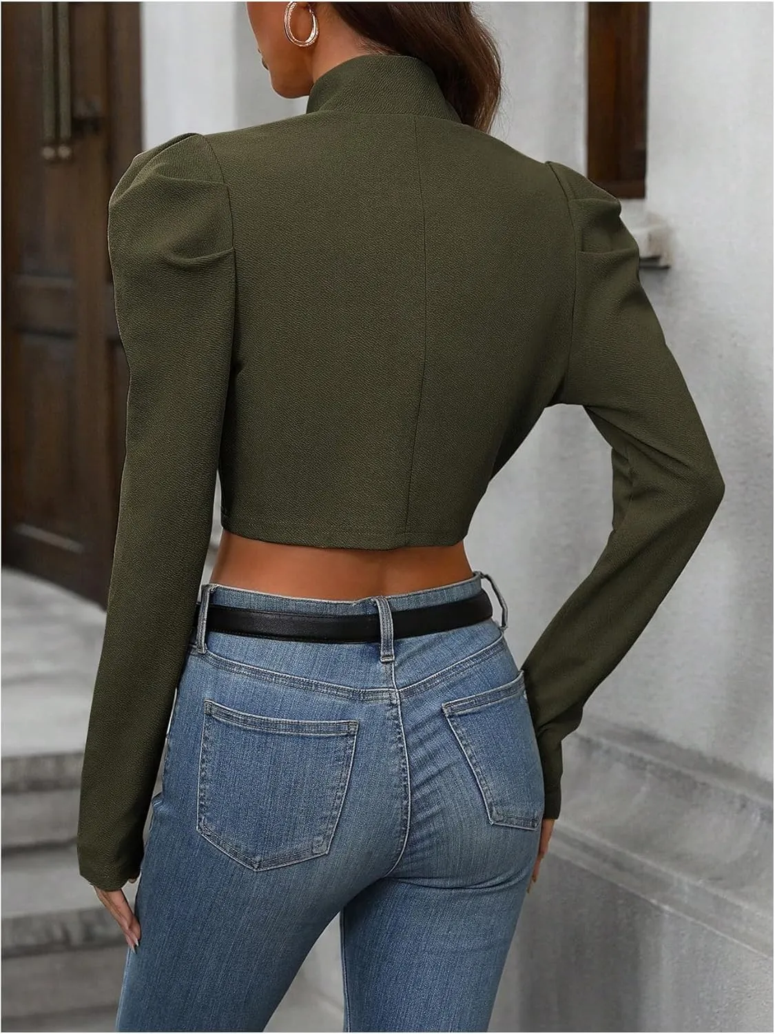 MakeMeChic Women's Business Casual Blazers Long Puff Sleeve Open Front Work Office Cropped Blazer Suit Jacket