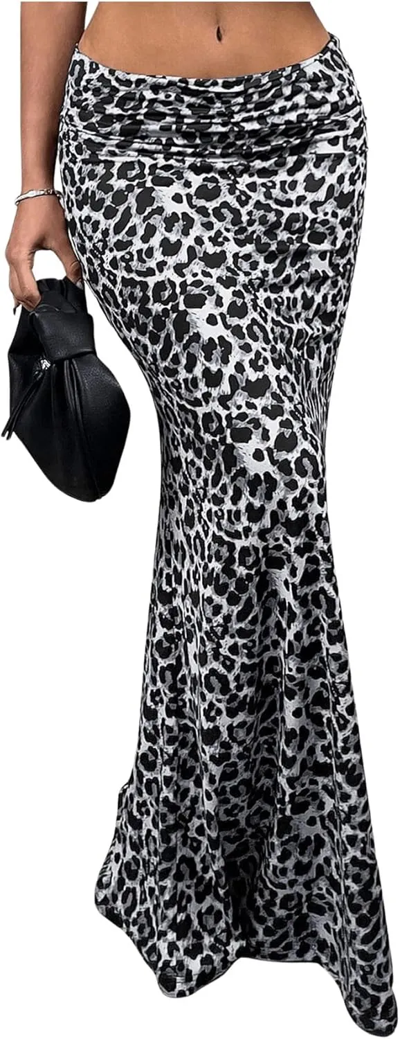MakeMeChic Women's Leopard Print Ruched Flared Hem Skinny Fit Bodycon Long Maxi Skirts