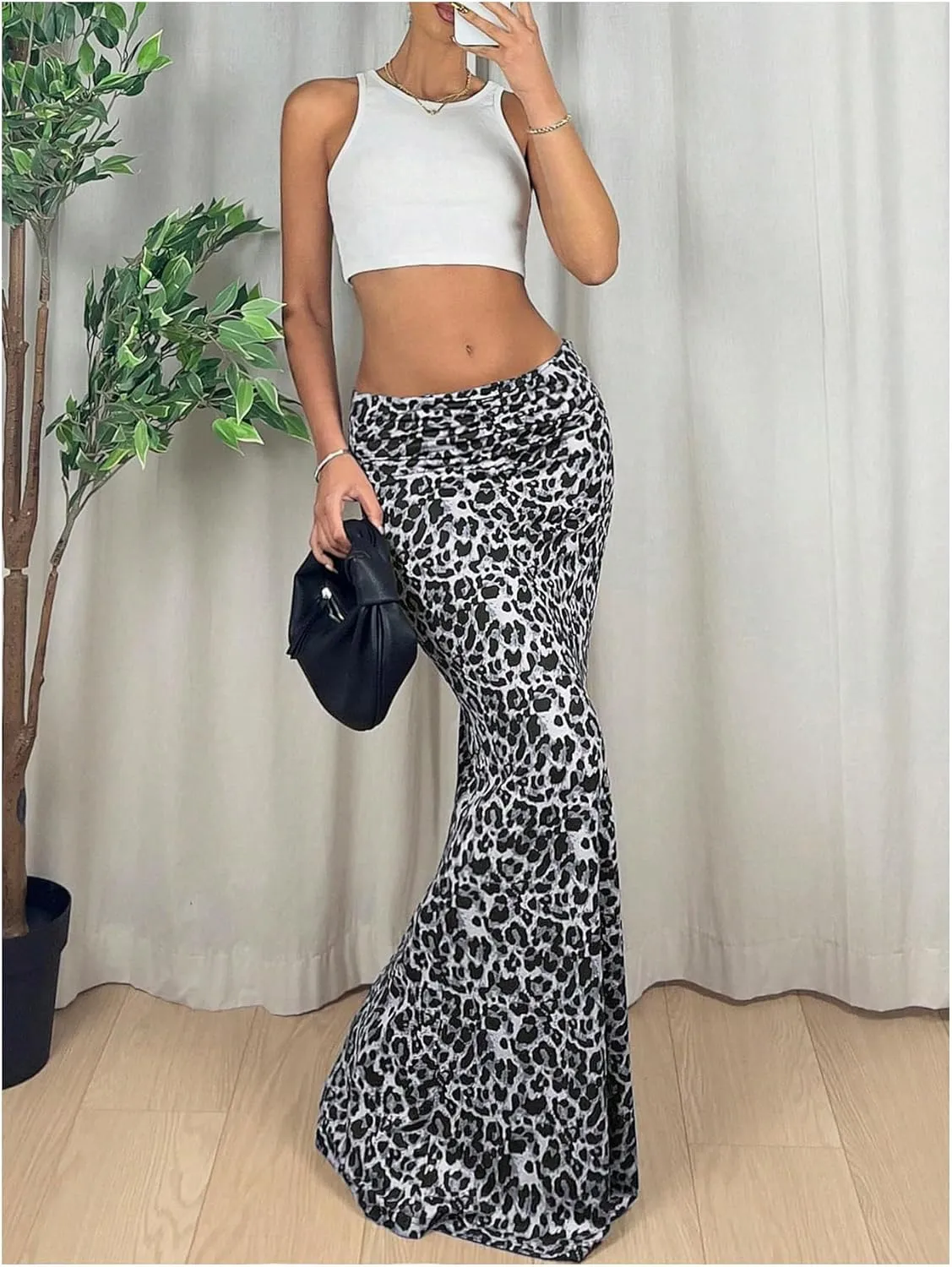 MakeMeChic Women's Leopard Print Ruched Flared Hem Skinny Fit Bodycon Long Maxi Skirts
