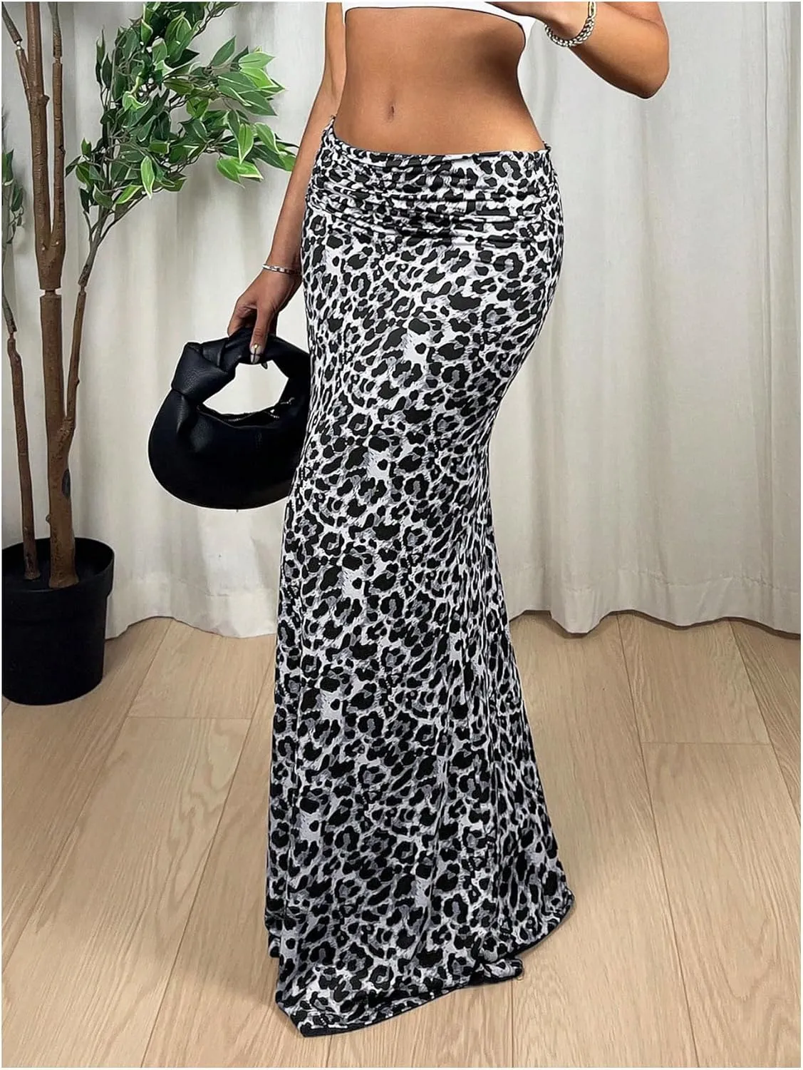 MakeMeChic Women's Leopard Print Ruched Flared Hem Skinny Fit Bodycon Long Maxi Skirts