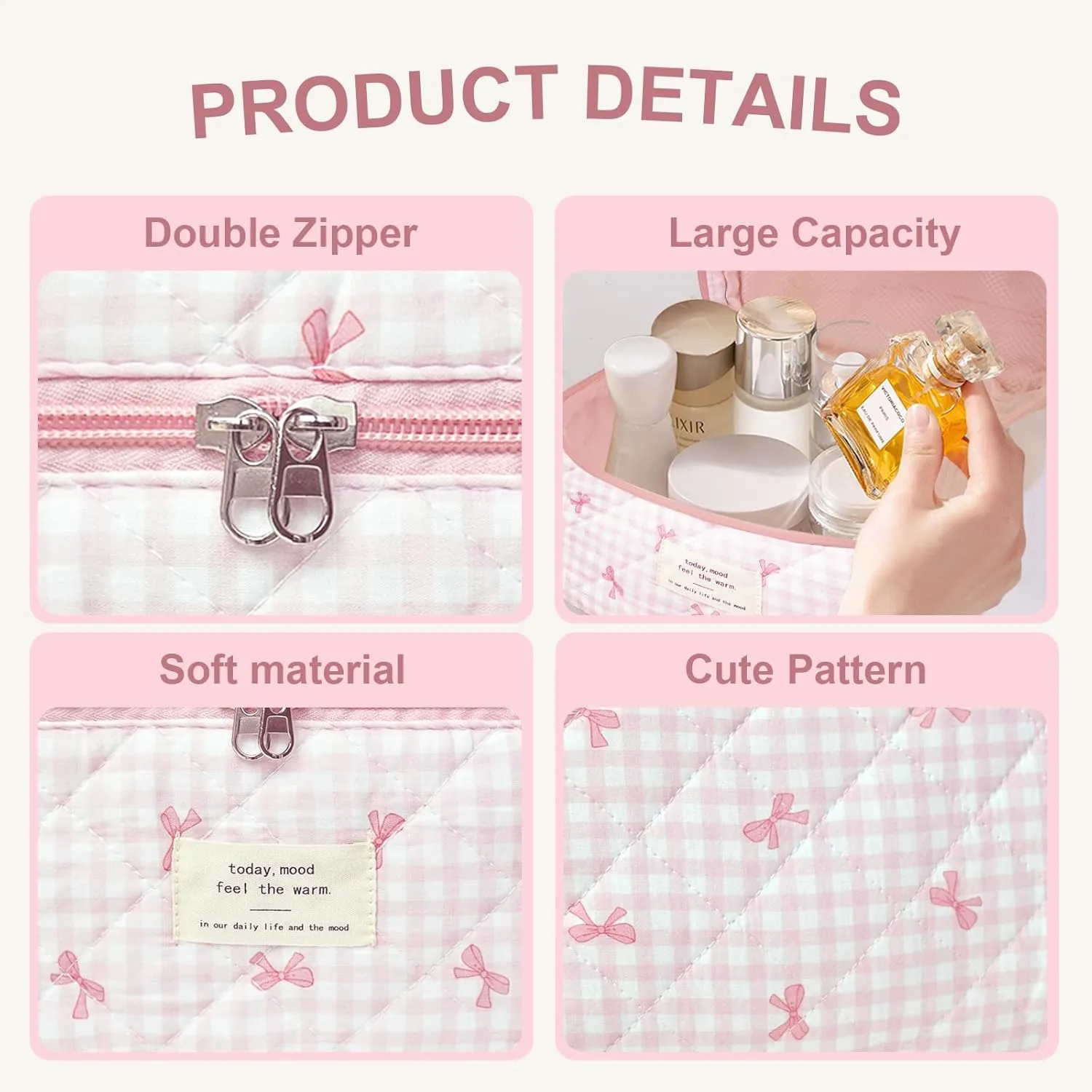 Makeup Bag, Quilted Bow Cosmetic Bag, Large Travel Aesthetic Make up Bag, Cute Coquette Toiletry Pouch for Women Girls