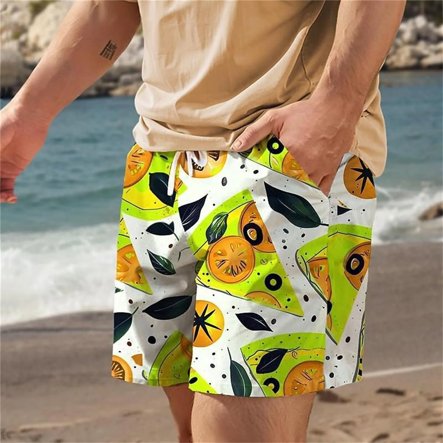 Men Bathing Suit Printed Beach Short Casual Loose Fashion Shorts Loose Tether Pocket Men's Casual Stretch Cargo