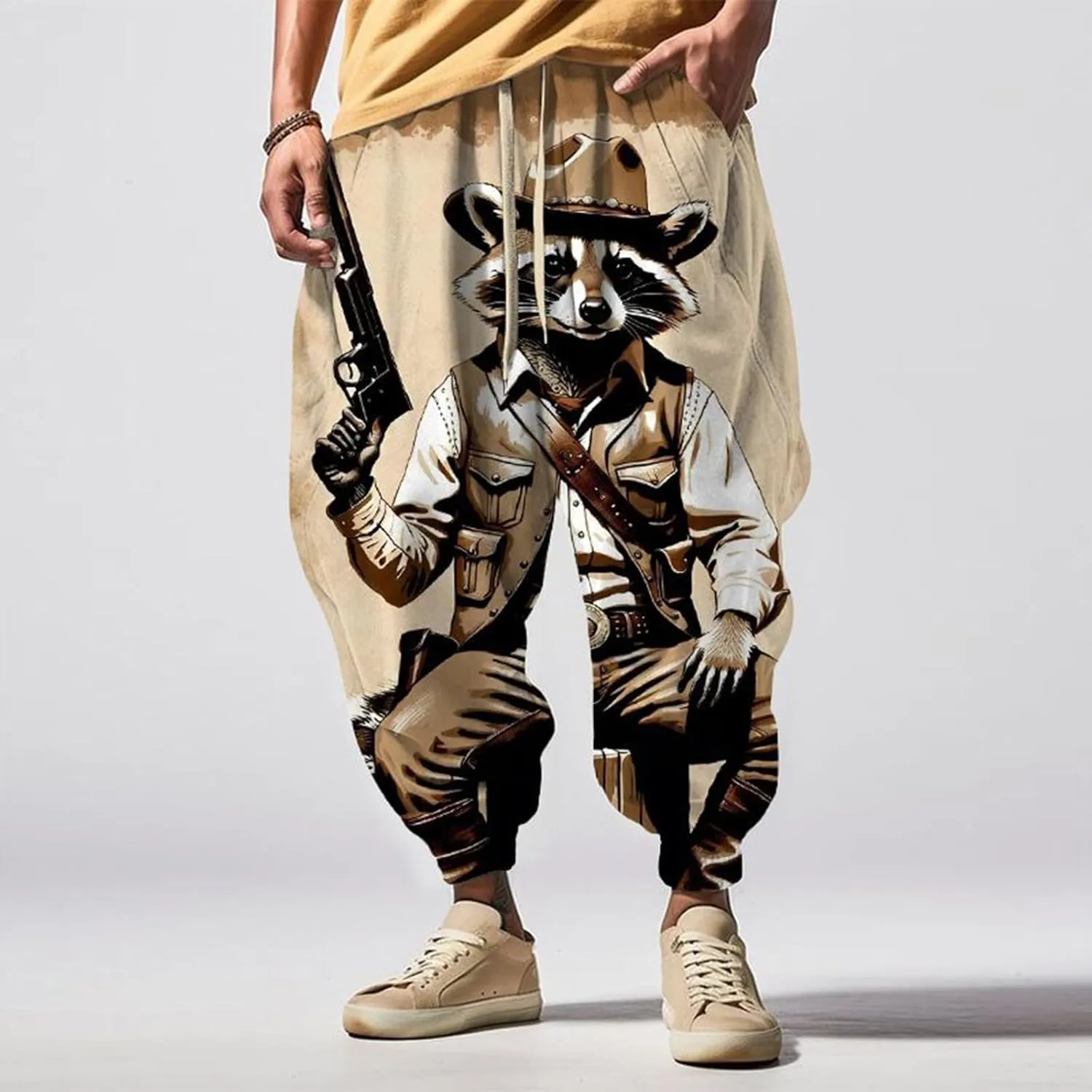 Men Drop Crotch Wide Leg Baggy Harem Pants Men's Autumn Fun Print Fashion Street Feel Casual Loose Drop Crotch