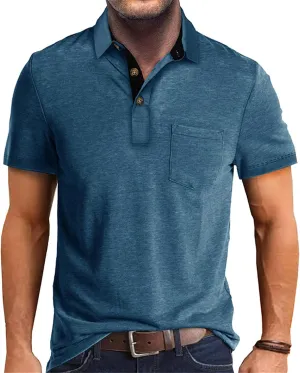Mens Athletic Short Sleeve Polo Shirts Casual Moisture Wicking Golf Shirts Buttons Collared Solid T Shirts with Pocket