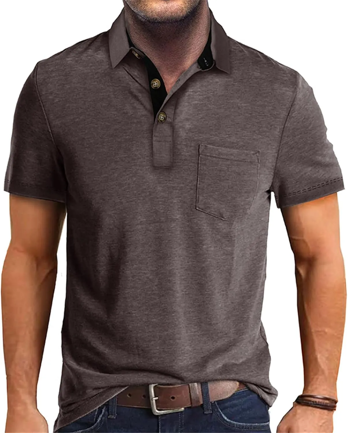 Mens Athletic Short Sleeve Polo Shirts Casual Moisture Wicking Golf Shirts Buttons Collared Solid T Shirts with Pocket