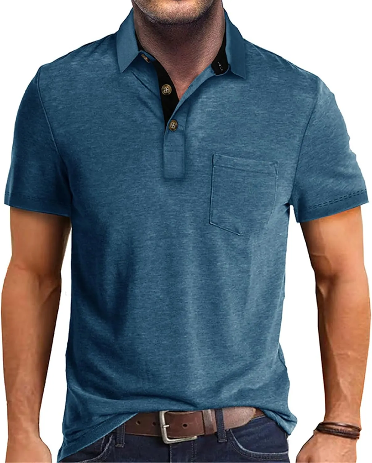 Mens Athletic Short Sleeve Polo Shirts Casual Moisture Wicking Golf Shirts Buttons Collared Solid T Shirts with Pocket