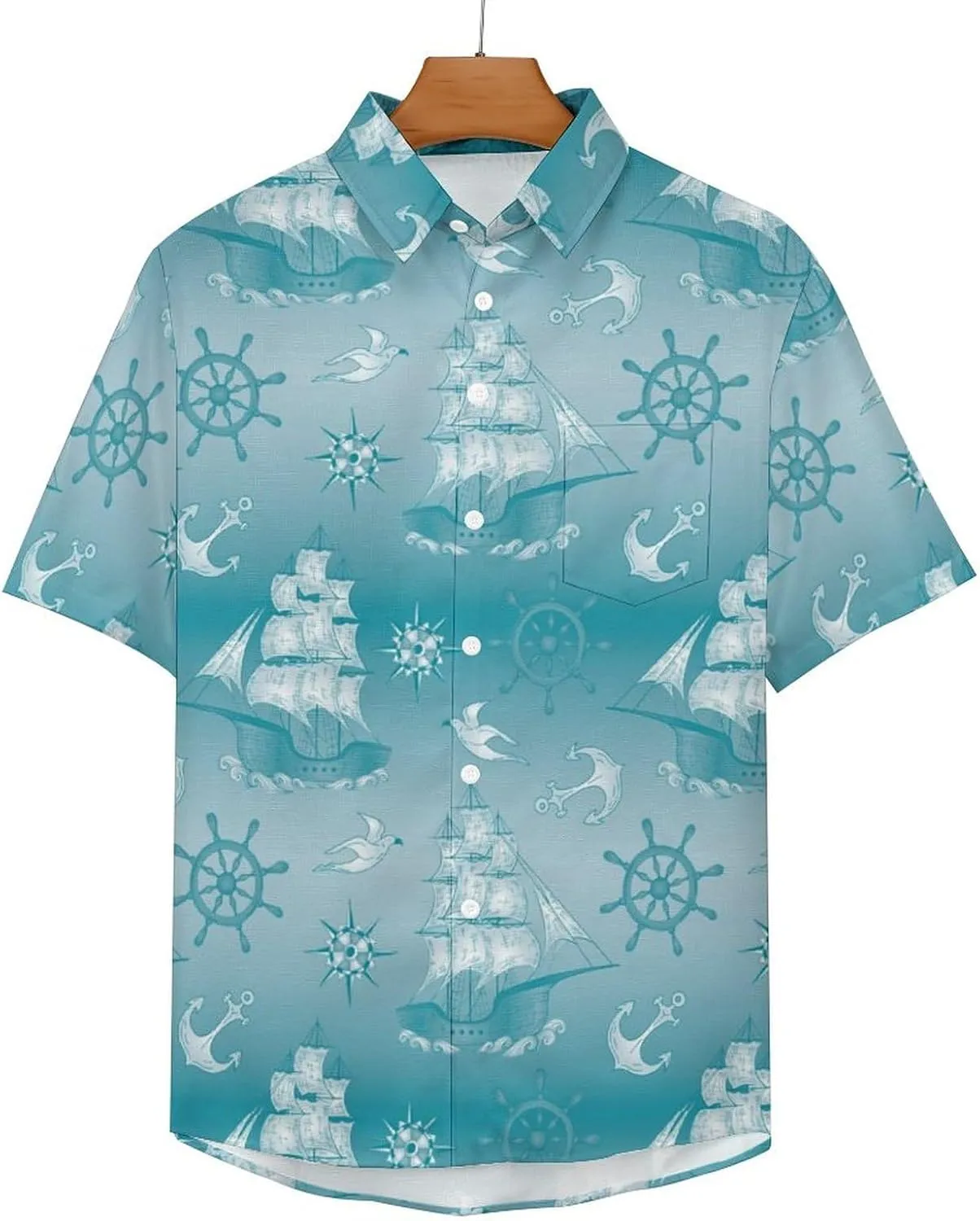 Men's Button Down Shirts Summer Sailing Boat Short Sleeve Casual Shirts Summer Beach Shirts with Pocket
