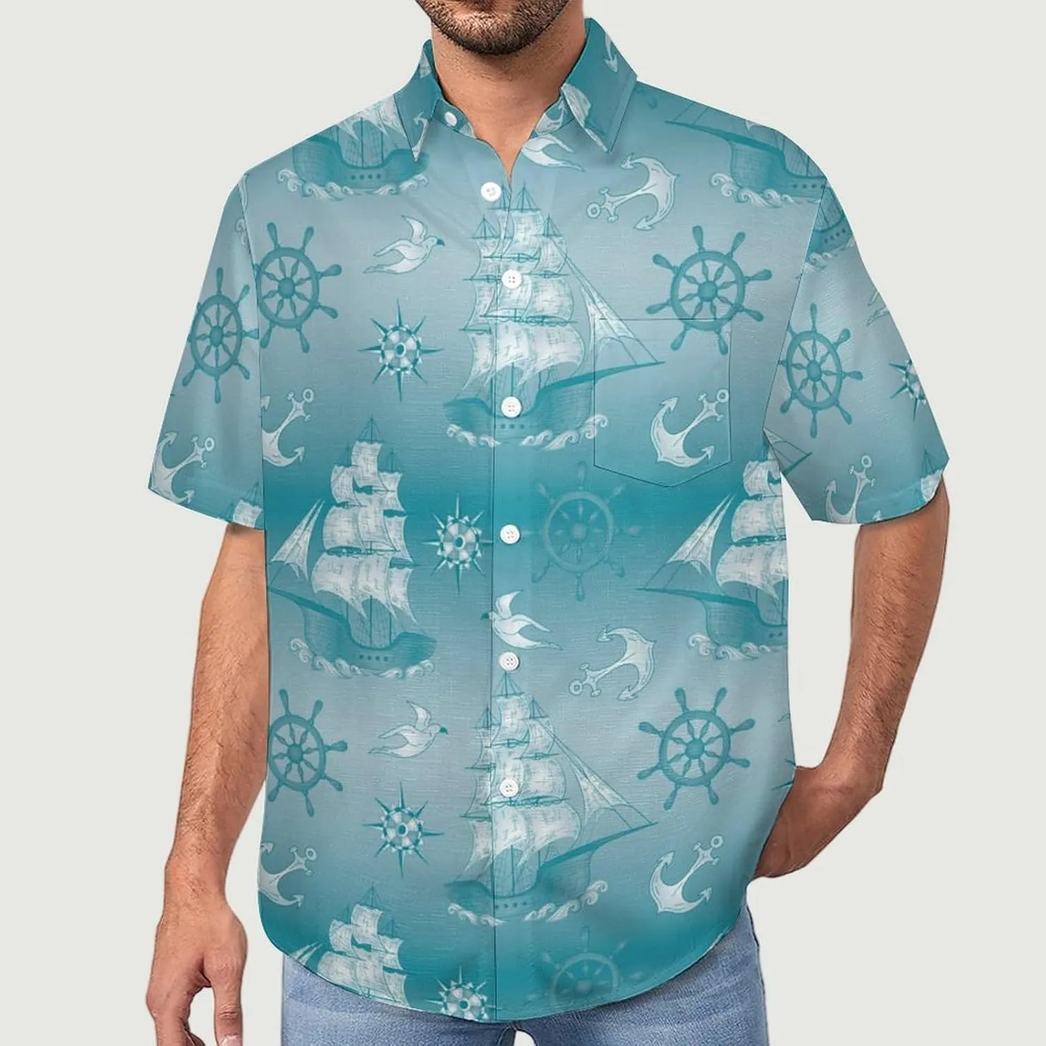 Men's Button Down Shirts Summer Sailing Boat Short Sleeve Casual Shirts Summer Beach Shirts with Pocket