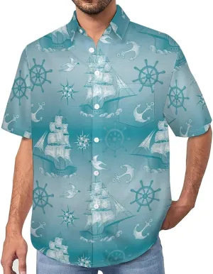 Men's Button Down Shirts Summer Sailing Boat Short Sleeve Casual Shirts Summer Beach Shirts with Pocket
