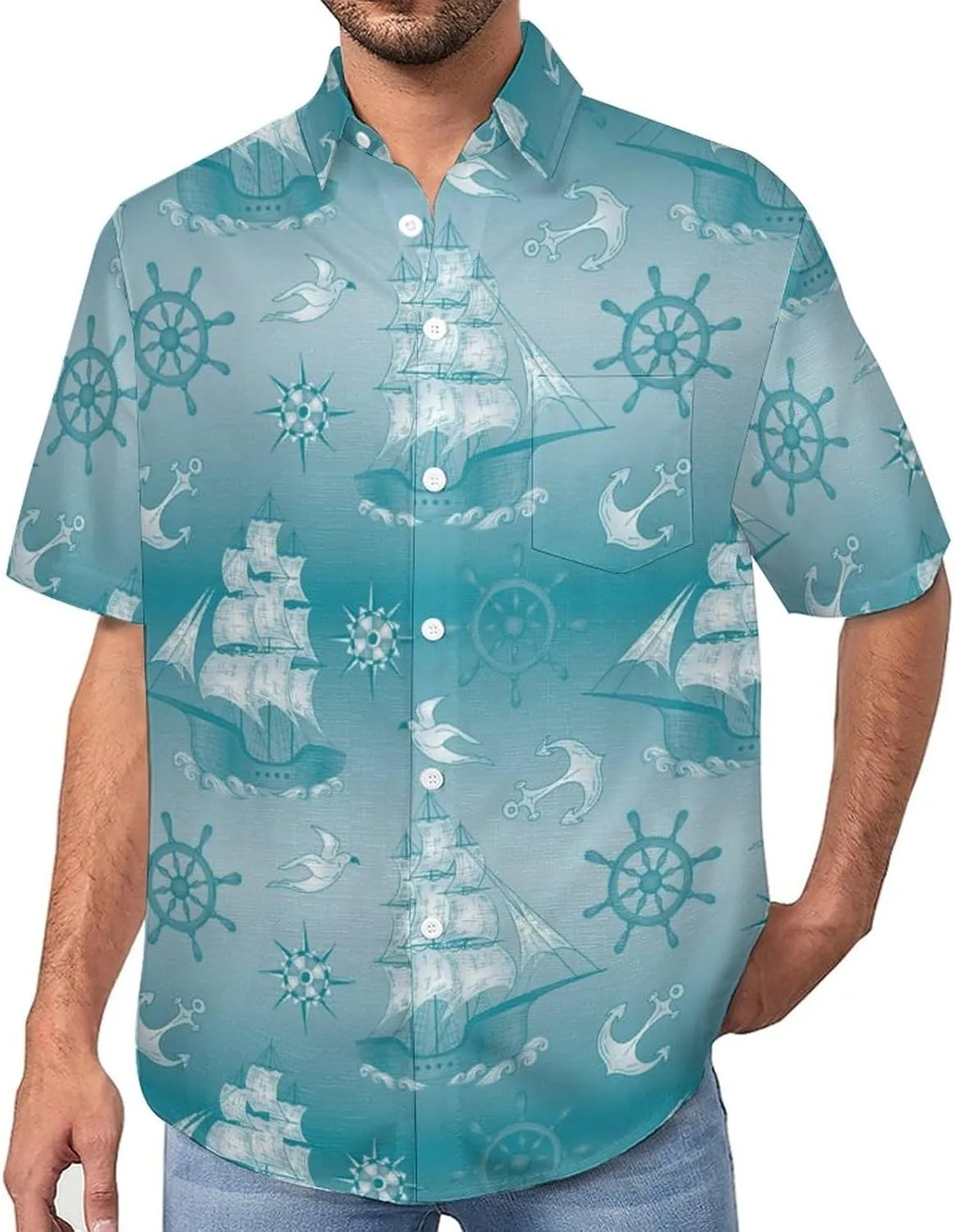 Men's Button Down Shirts Summer Sailing Boat Short Sleeve Casual Shirts Summer Beach Shirts with Pocket