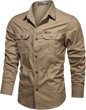 Men's Cargo Shirts Long Sleeve Casual Button Down Military Tactical Shirts Outdoor Lightweight Sun Protection Hiking Shirts