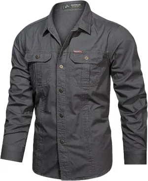 Men's Cargo Shirts Long Sleeve Casual Button Down Military Tactical Shirts Outdoor Lightweight Sun Protection Hiking Shirts