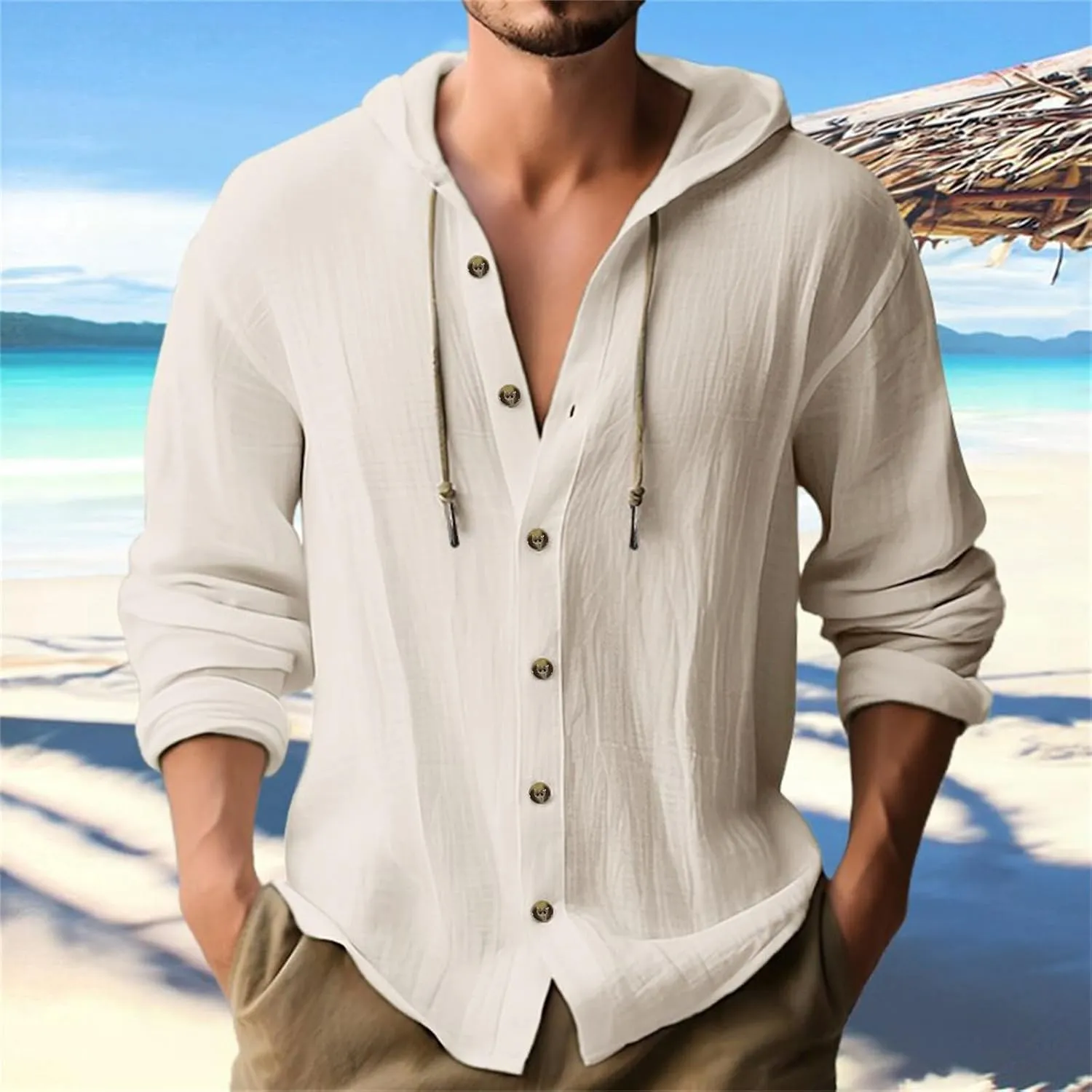 Mens Cotton Linen Hooded Shirts Casual Button Down Shirts Long Sleeve Roll-Up Sleeve Summer Beach Shirts Tops with Hood