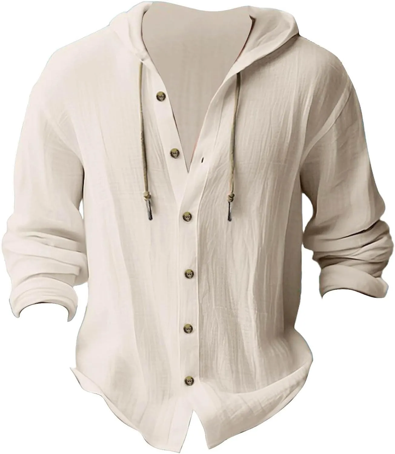 Mens Cotton Linen Hooded Shirts Casual Button Down Shirts Long Sleeve Roll-Up Sleeve Summer Beach Shirts Tops with Hood